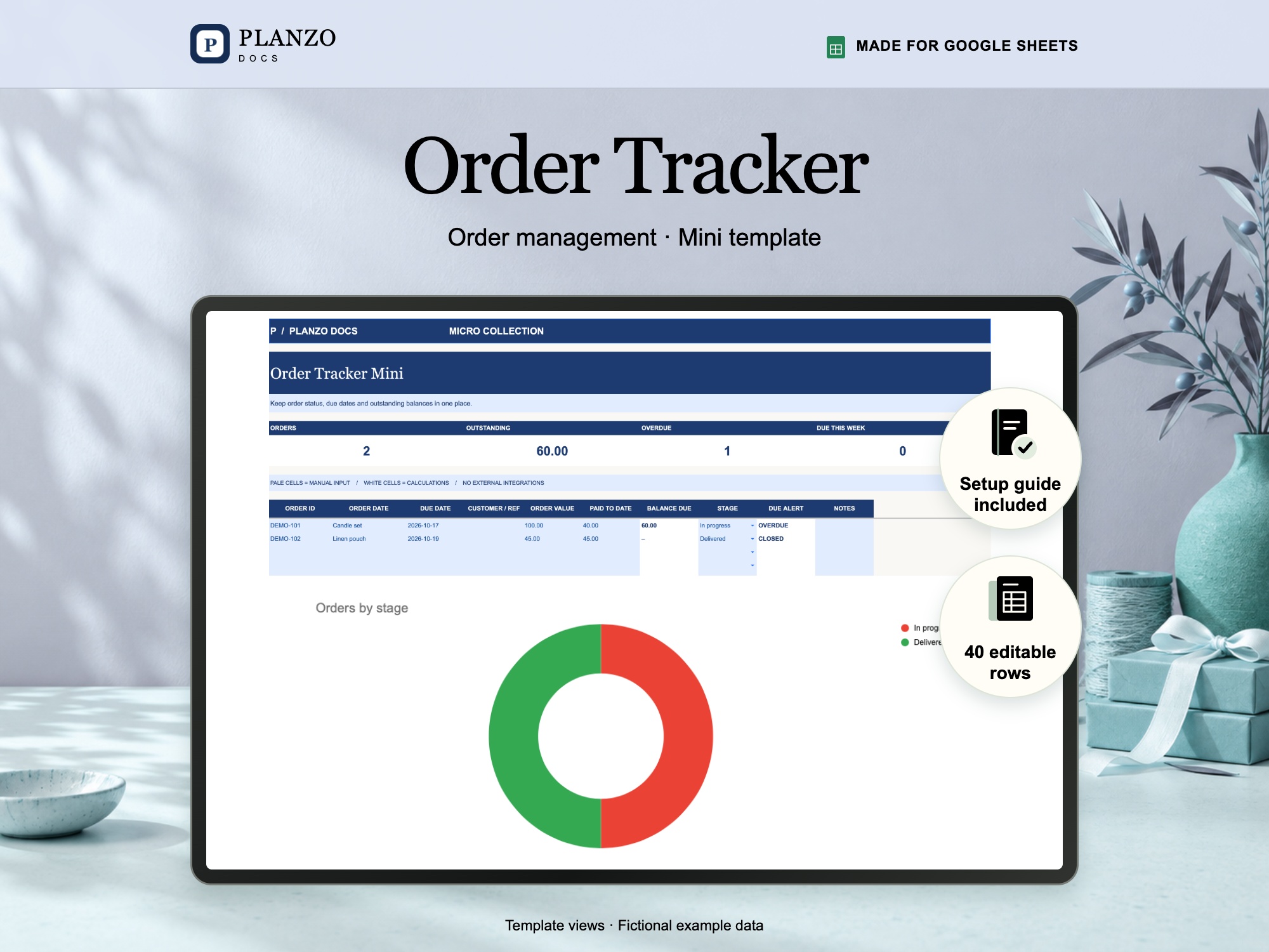 Order Tracker Mini Google Sheets template; fictional example data
